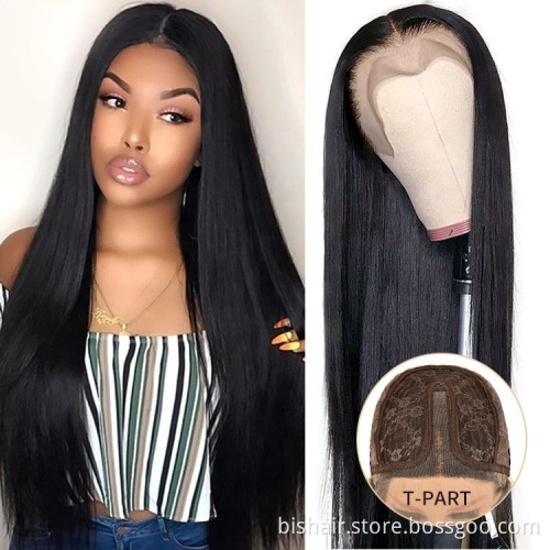 High Quality Human Hair T Part Lace Front Wig Pre Plucked Straight Lace Frontal Wig 150 180 Density Hot Selling Discount Price